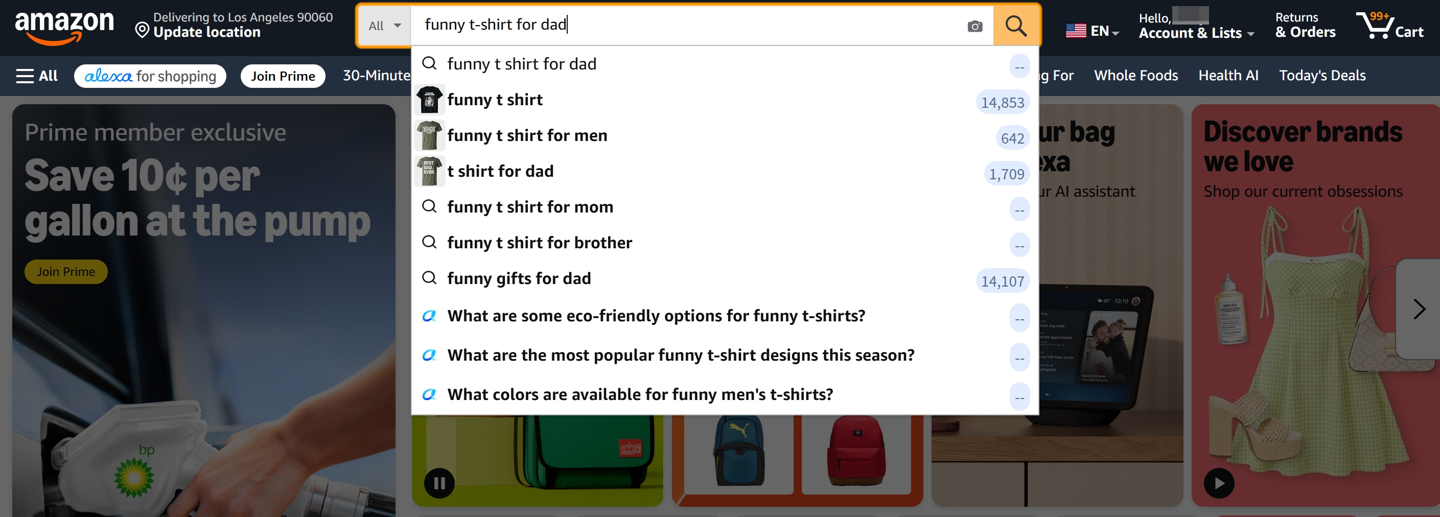Amazon search auto-suggest showing buyer intent queries for t-shirts