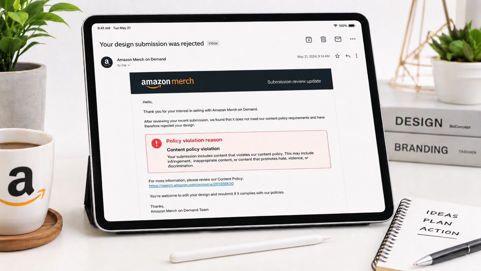 Amazon Merch rejection email for content policy violation