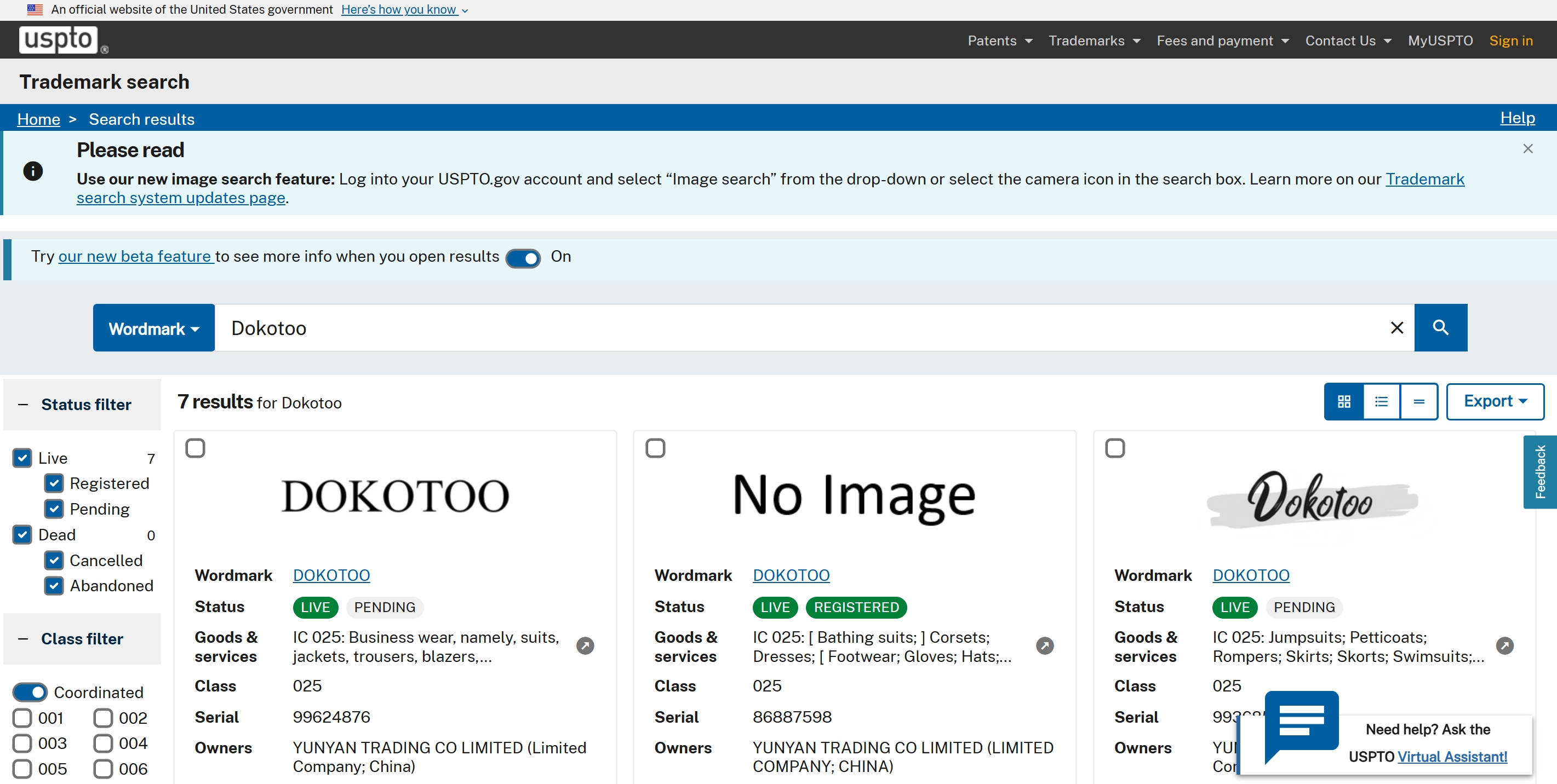 USPTO TESS trademark search example for clothing class