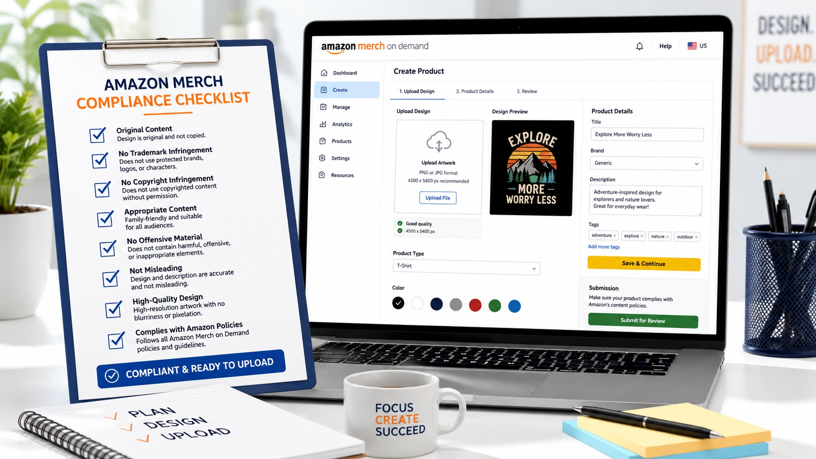 Printed compliance checklist beside Amazon Merch upload dashboard
