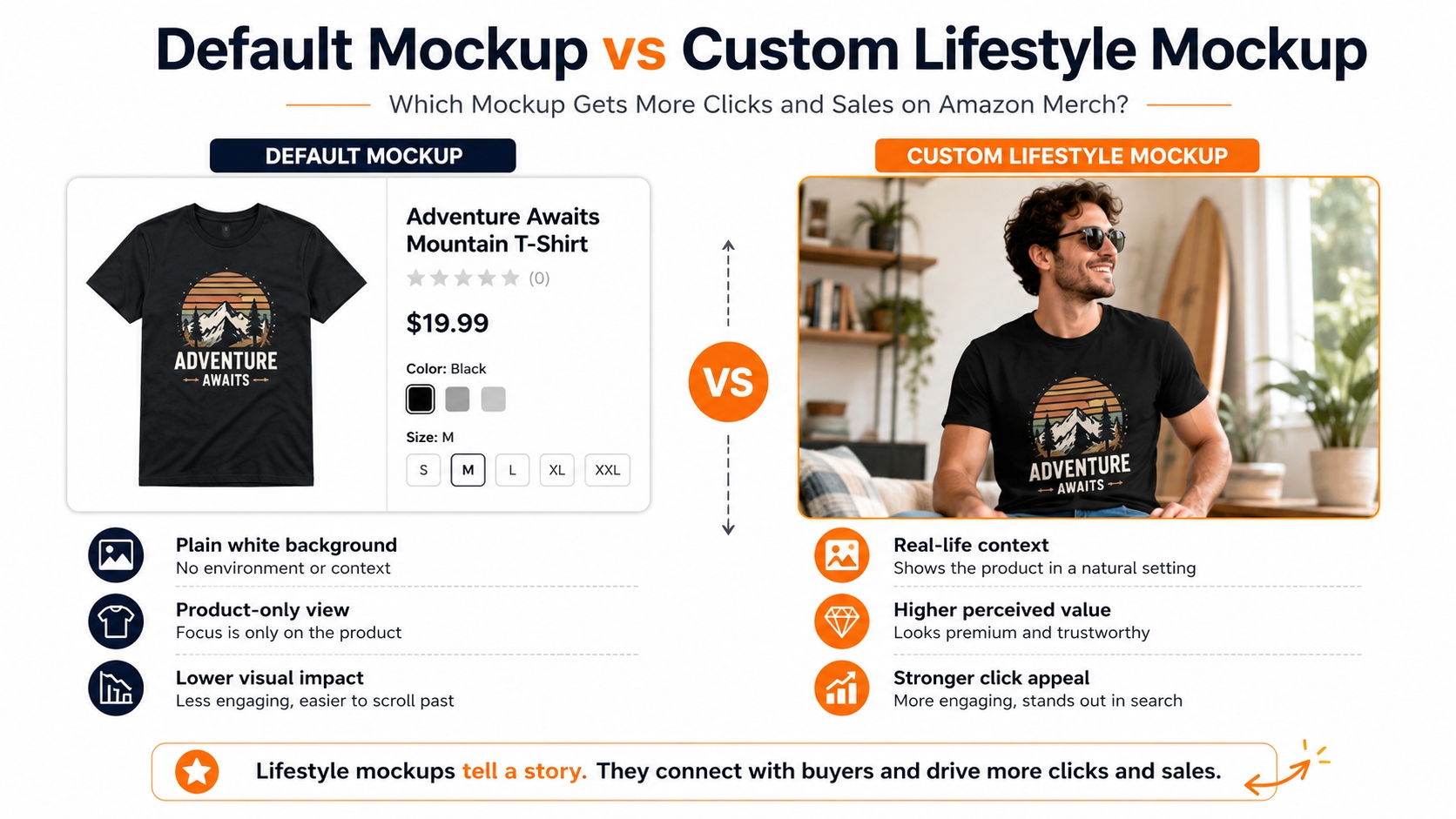 Amazon Merch listing mockup comparison – default vs. custom design mockup