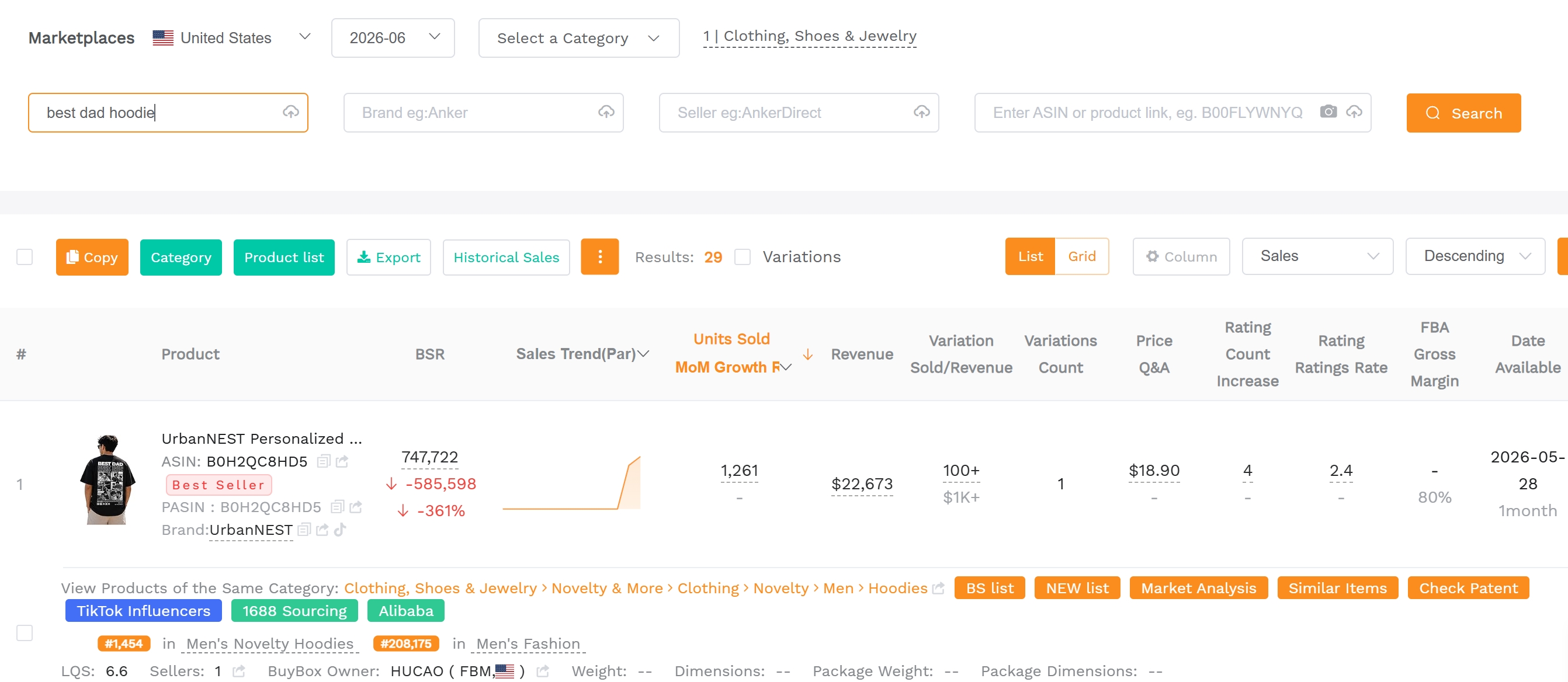 SellerSprite competitor research dashboard for Amazon Merch product type analysis