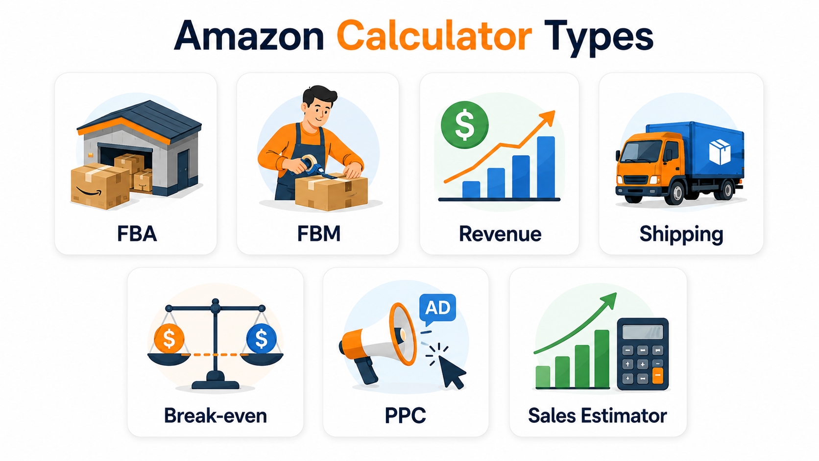 Icons of seven Amazon calculator types with labels for quick identification