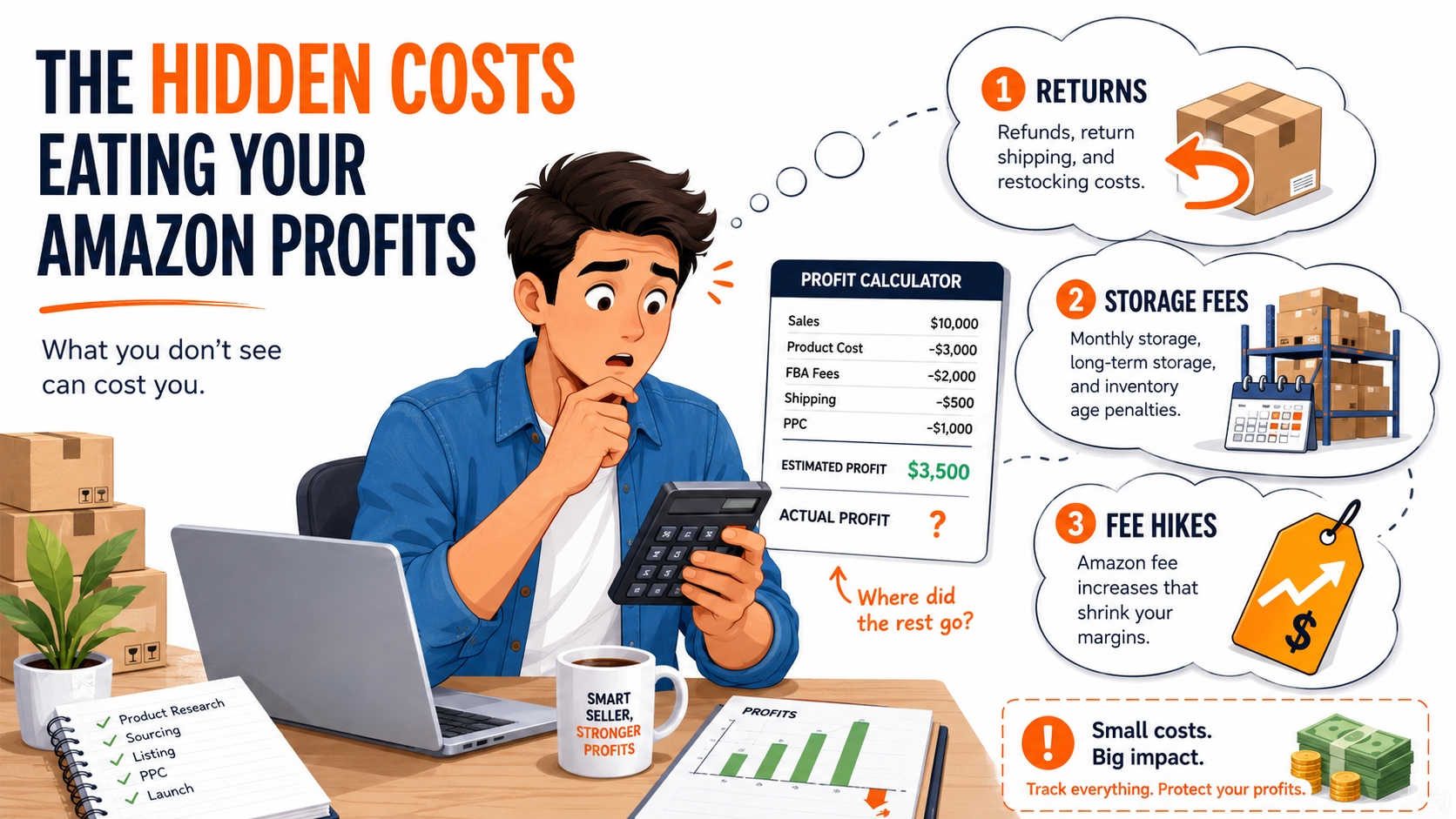 Amazon seller unaware of hidden costs like returns and storage while using a calculator