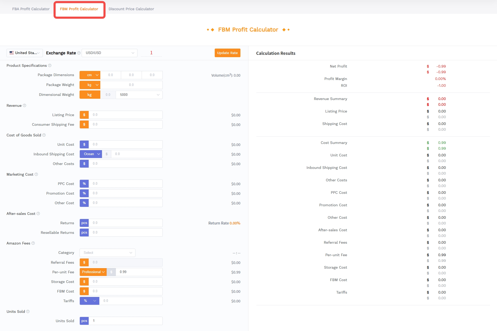 SellerSprite Amazon FBM calculator dashboard showing self-fulfillment profit calculation.