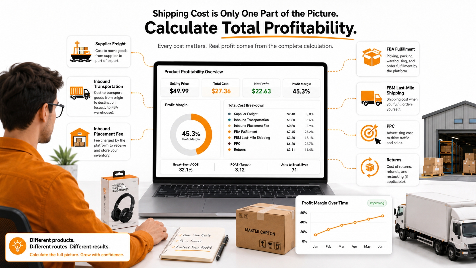 Amazon seller reviewing supplier freight, inbound transportation, fulfillment, last-mile delivery, and profitability costs.