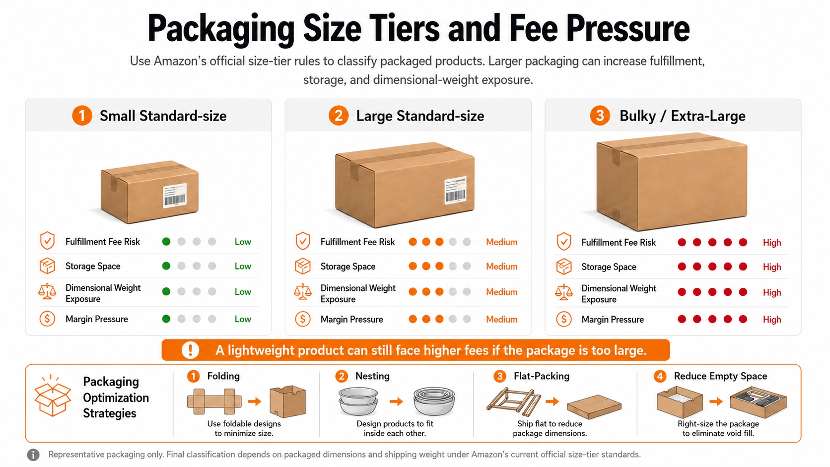 Amazon product viability comparison across Small Standard, Large Standard, and bulky packaging scenarios.