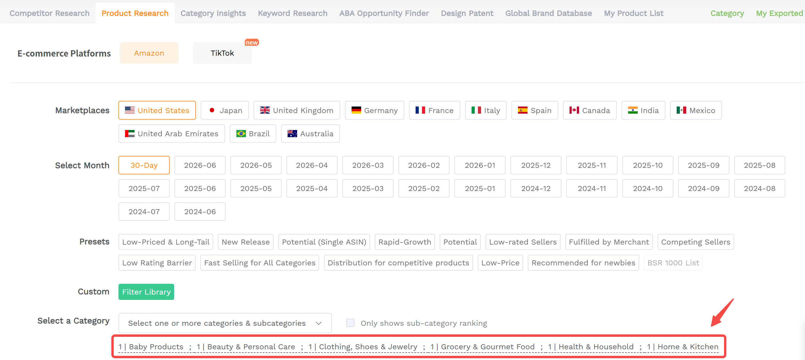 SellerSprite category filter screenshot for physical product categories in an Amazon best sellers list
