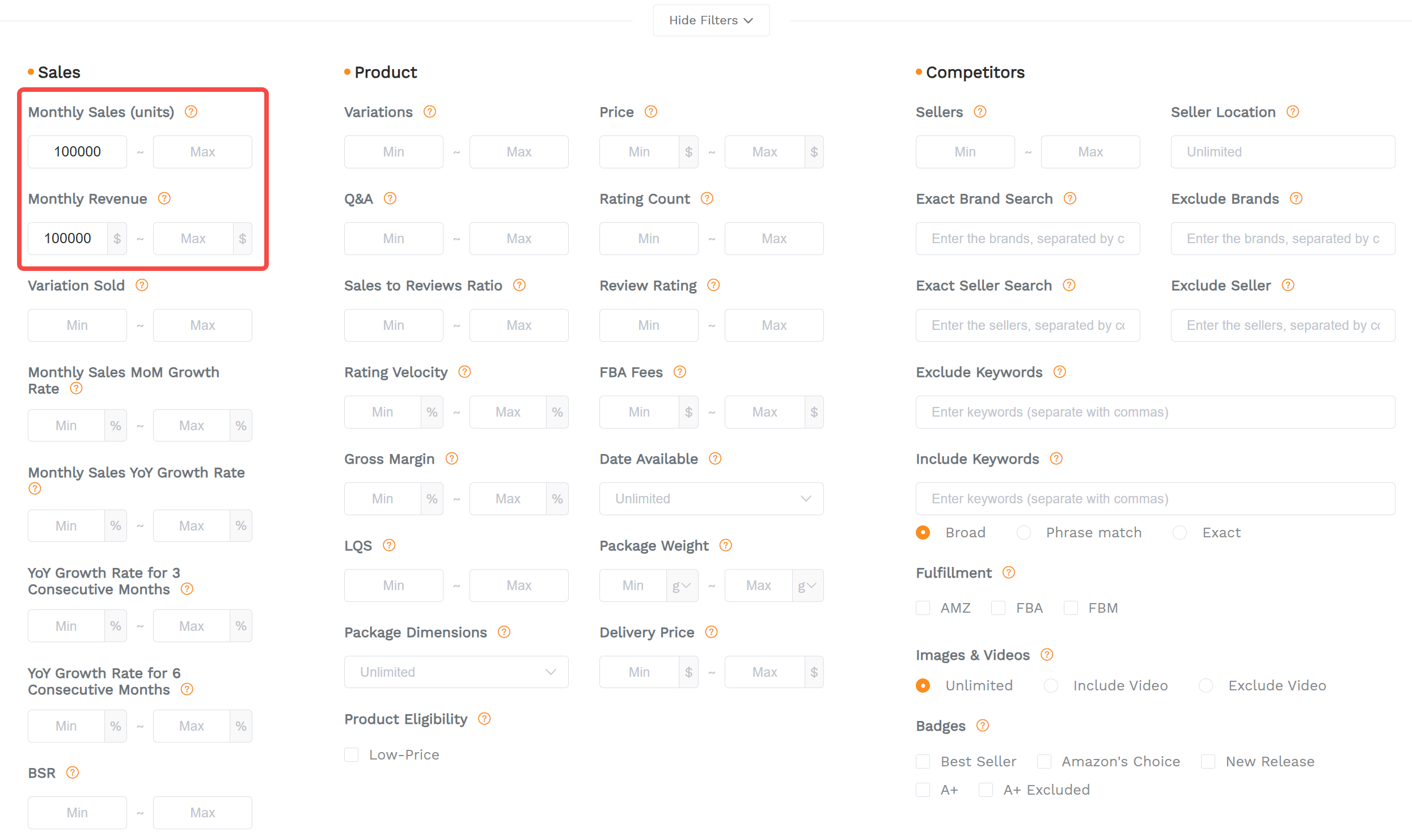 SellerSprite monthly sales and revenue filter screenshot for finding best sellers on Amazon US