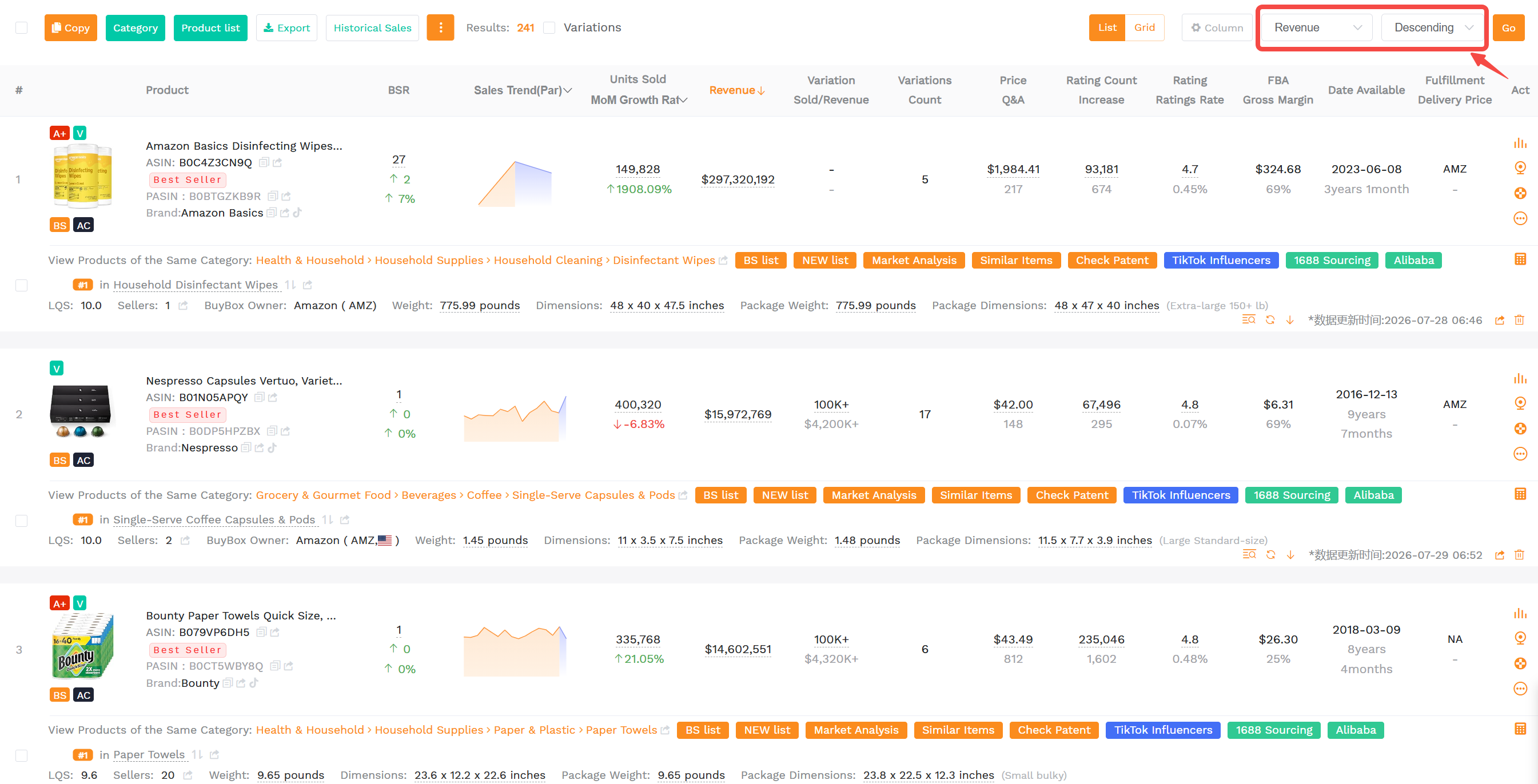 SellerSprite Product Research results sorted by monthly revenue for Amazon best sellers in July 2026