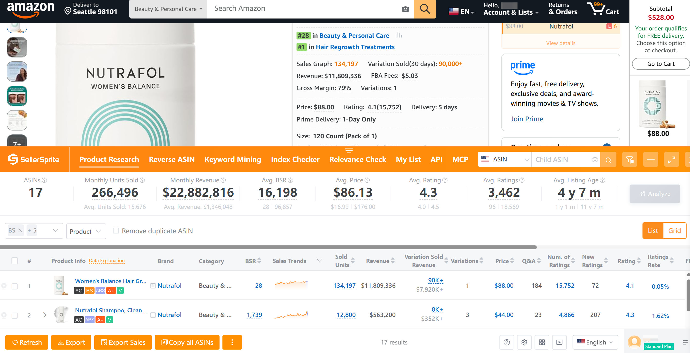 SellerSprite Chrome extension product data panel for analyzing best sellers on Amazon