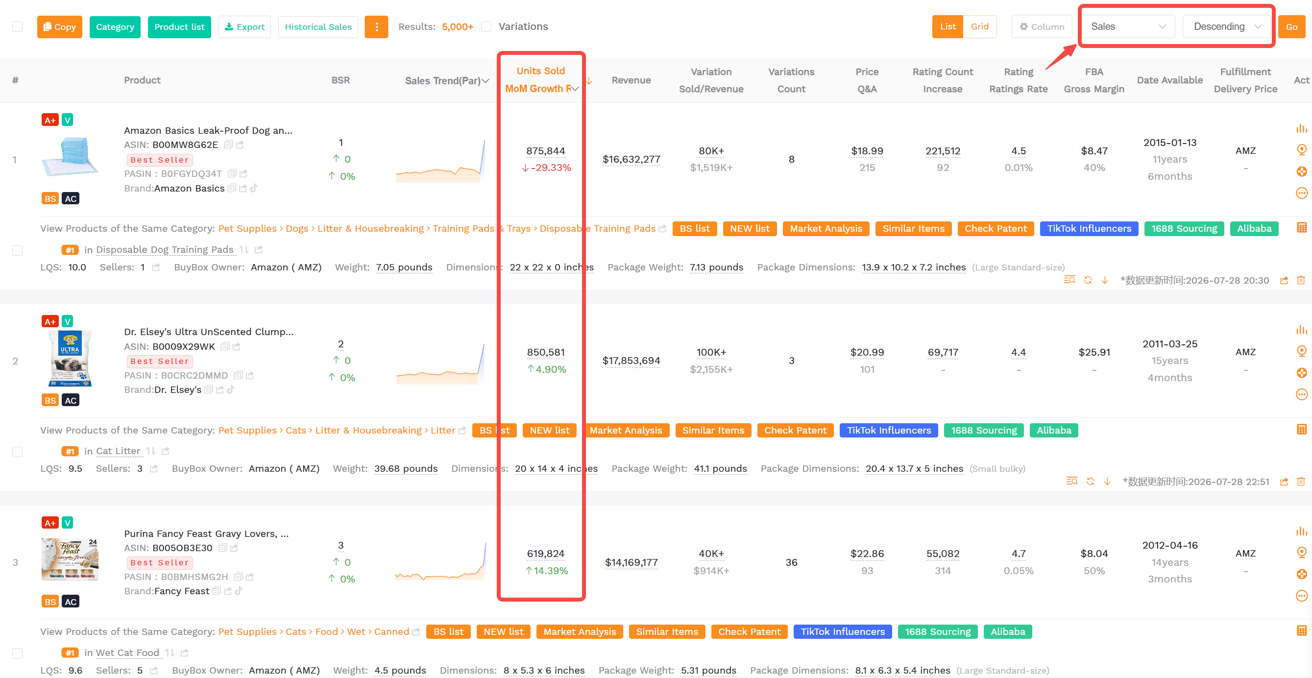 SellerSprite Product Research table showing Amazon US best-selling products in July 2026