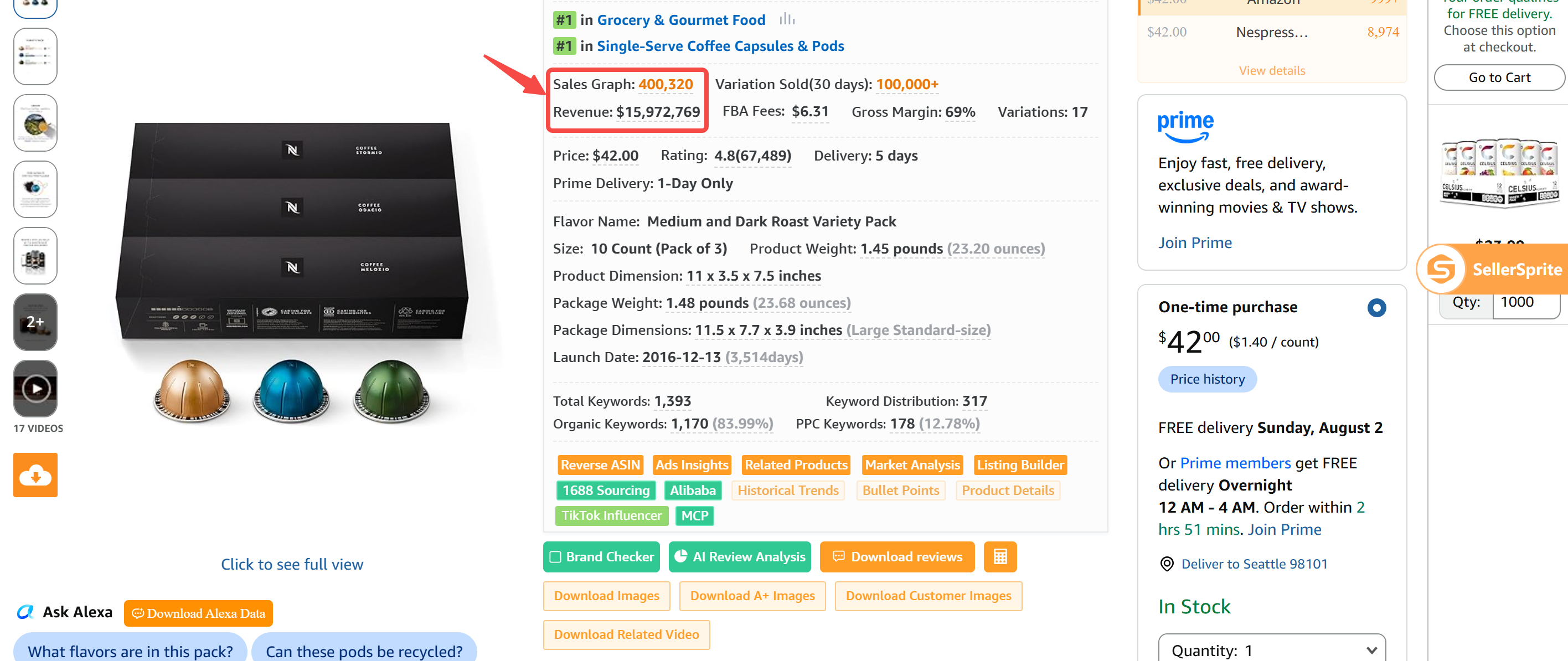 SellerSprite product overview screenshot for single-serve capsules and pods on Amazon US