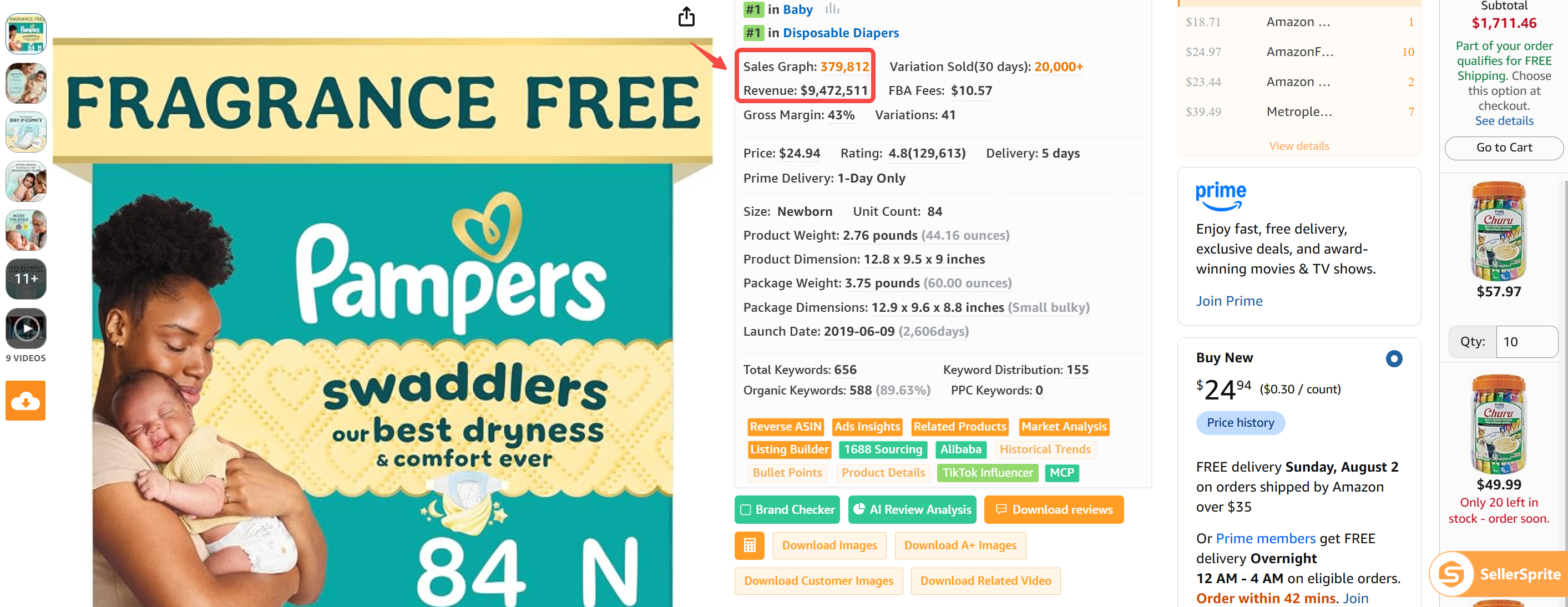 SellerSprite product overview screenshot for disposable diapers on Amazon US