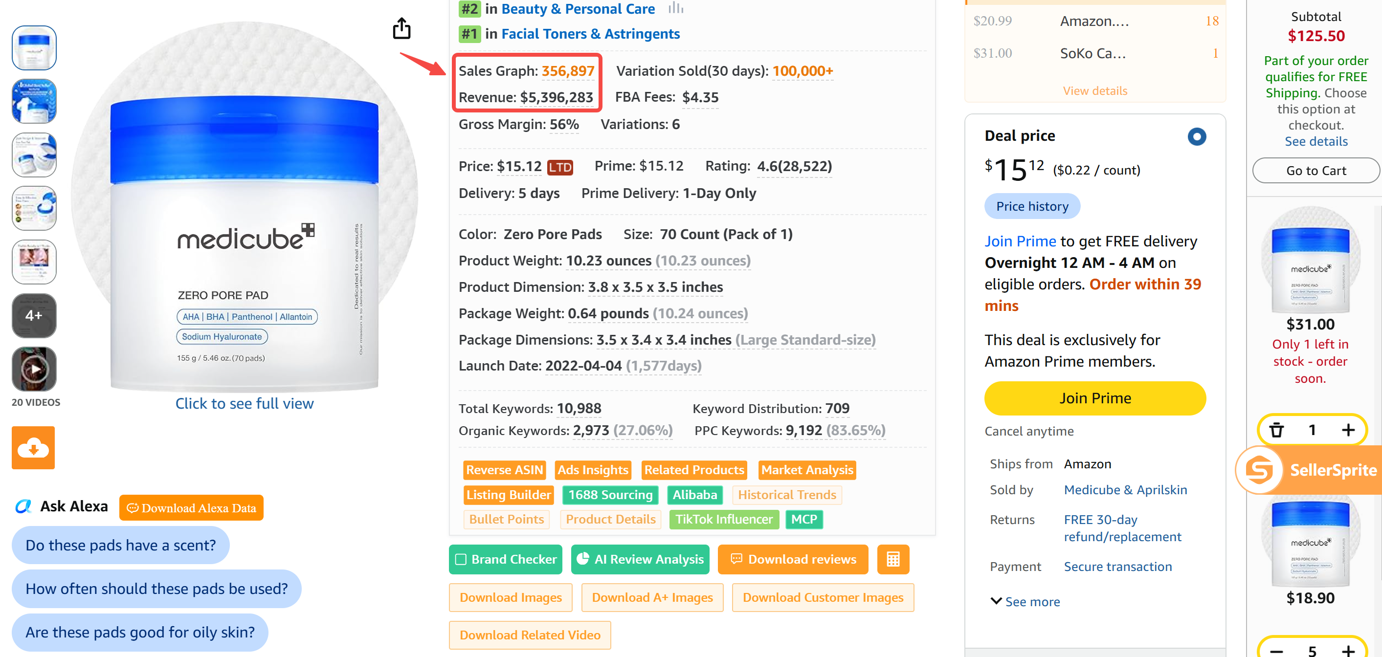 SellerSprite product overview screenshot for facial toners and astringents on Amazon US