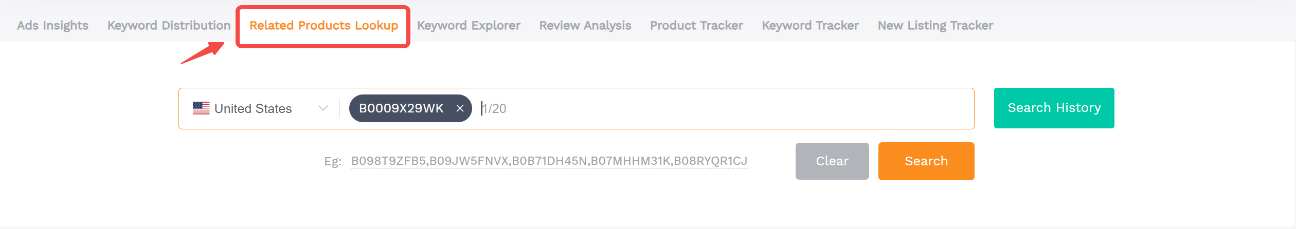 SellerSprite Related Products Lookup search screenshot for finding Amazon US product opportunities