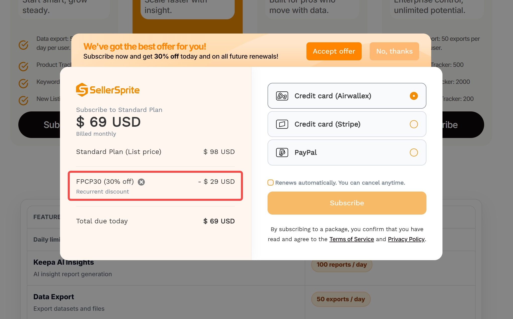 SellerSprite checkout page showing coupon code FPCP30 applied for a 30 percent discount