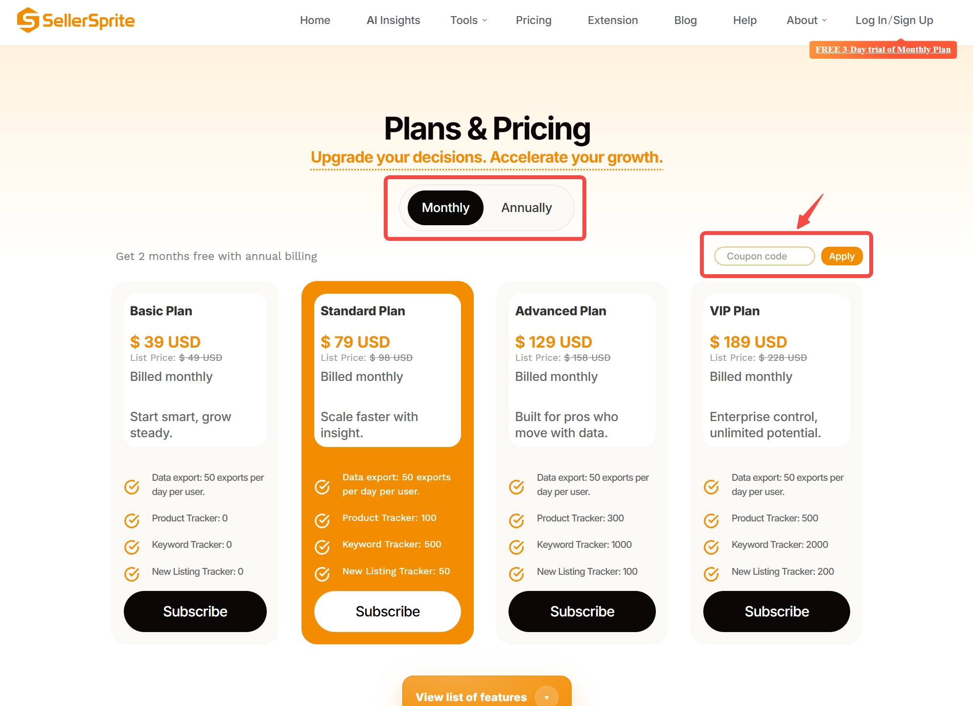 SellerSprite pricing page showing monthly and annual Amazon seller software plans