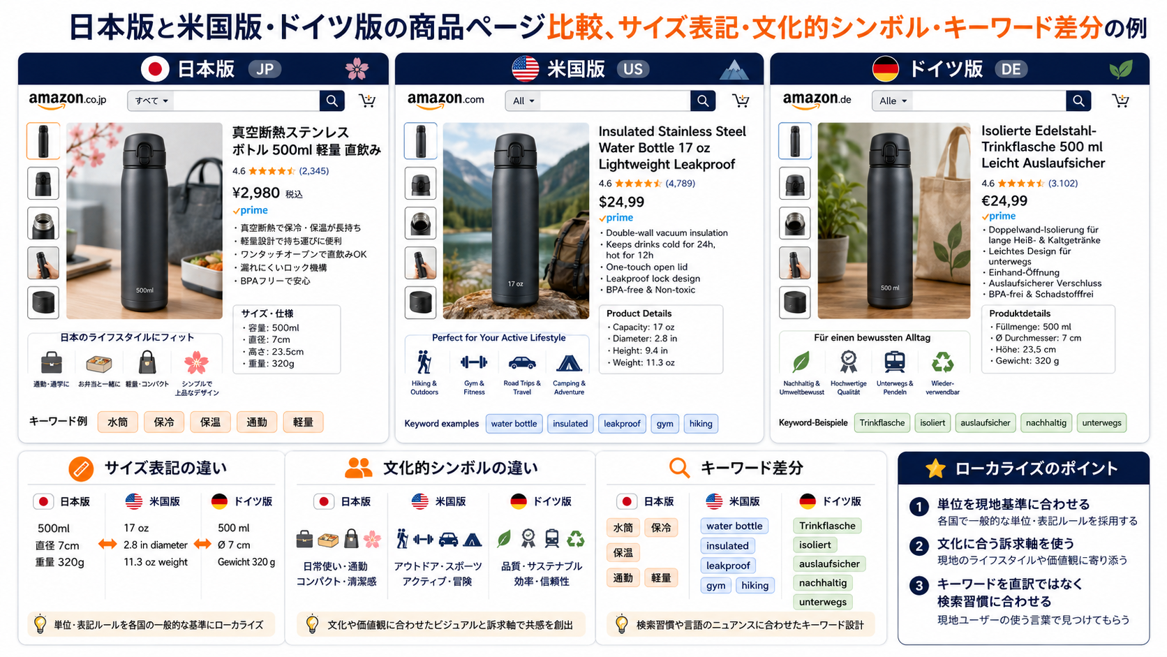 日本版と米国版・ドイツ版の商品ページ比較、サイズ表記・文化的シンボル・キーワード差分の例