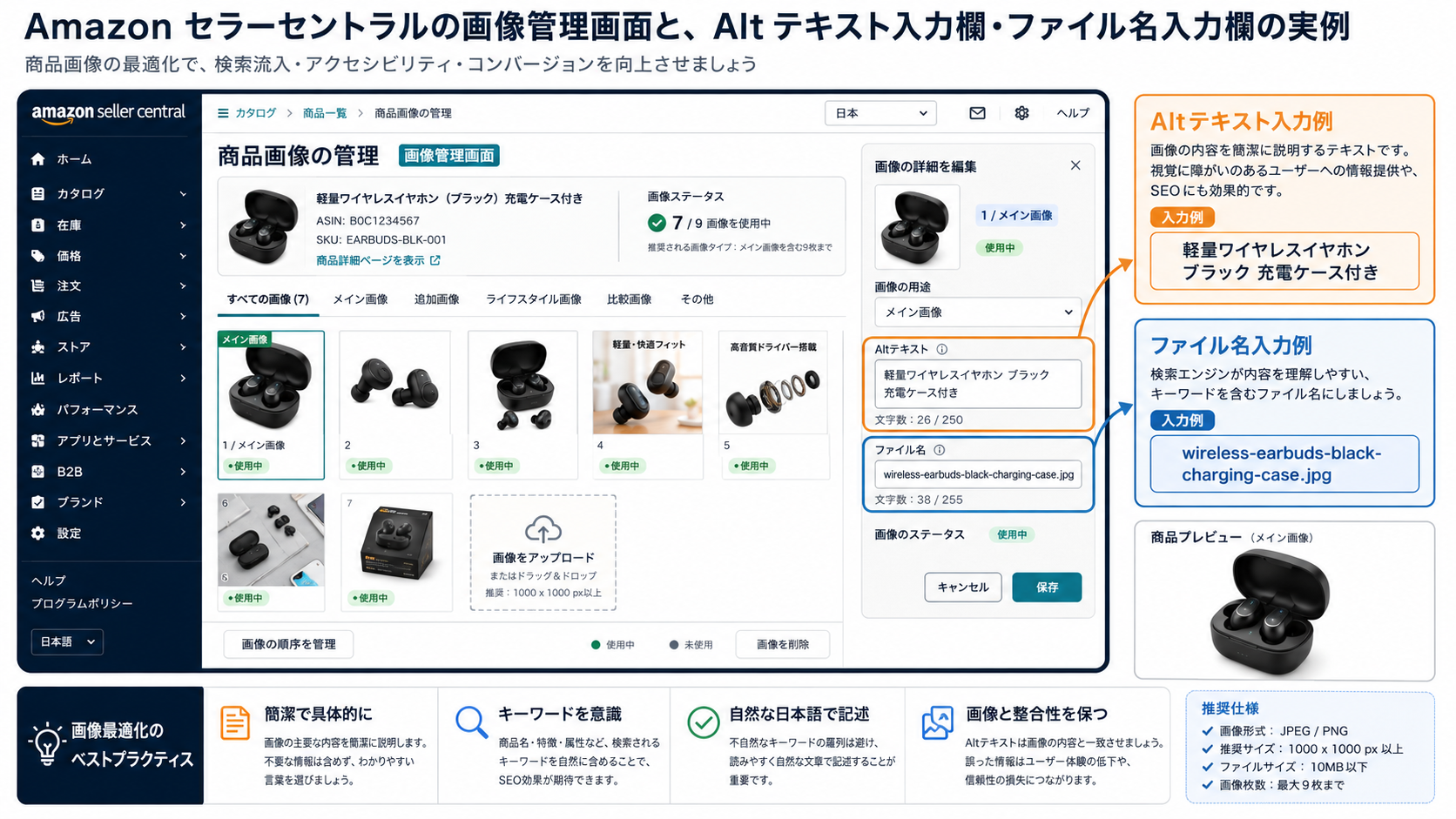 Amazon セラーセントラルの画像管理画面と、Alt テキスト入力欄・ファイル名入力欄の実例