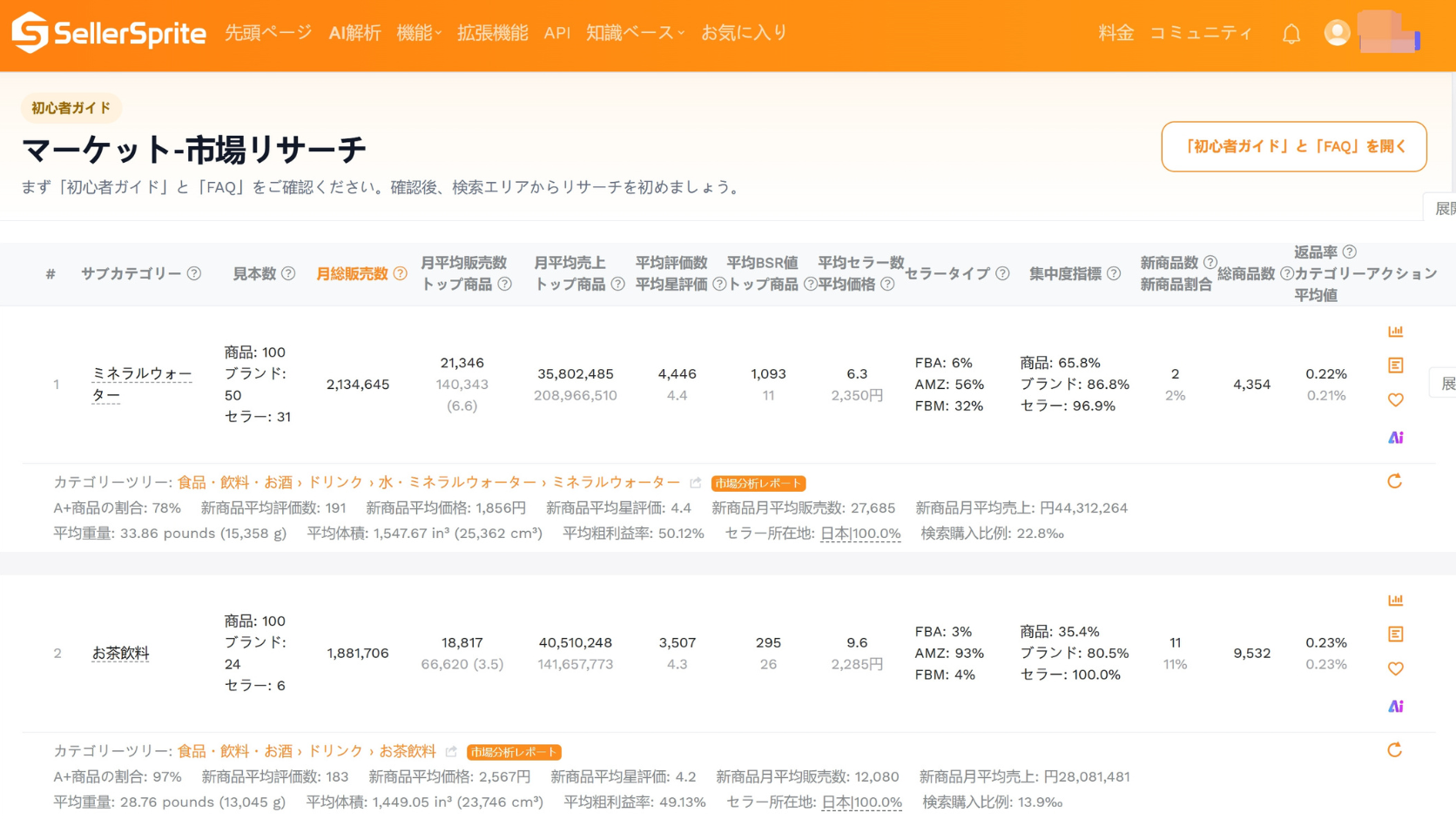 市場規模を確認できるセラースプライトの市場リーチ機能