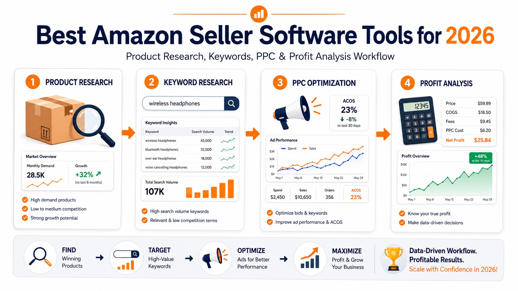 Best Amazon seller software tools for 2026, including product research, keyword, PPC, and profit analysis workflow.