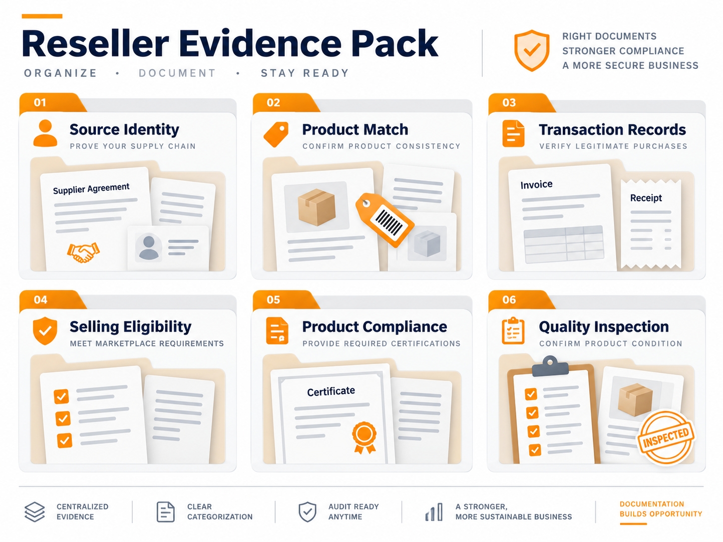 Amazon reseller evidence pack showing source identity, product matching, invoices or receipts, approvals, safety records, inspection notes, and transaction history.