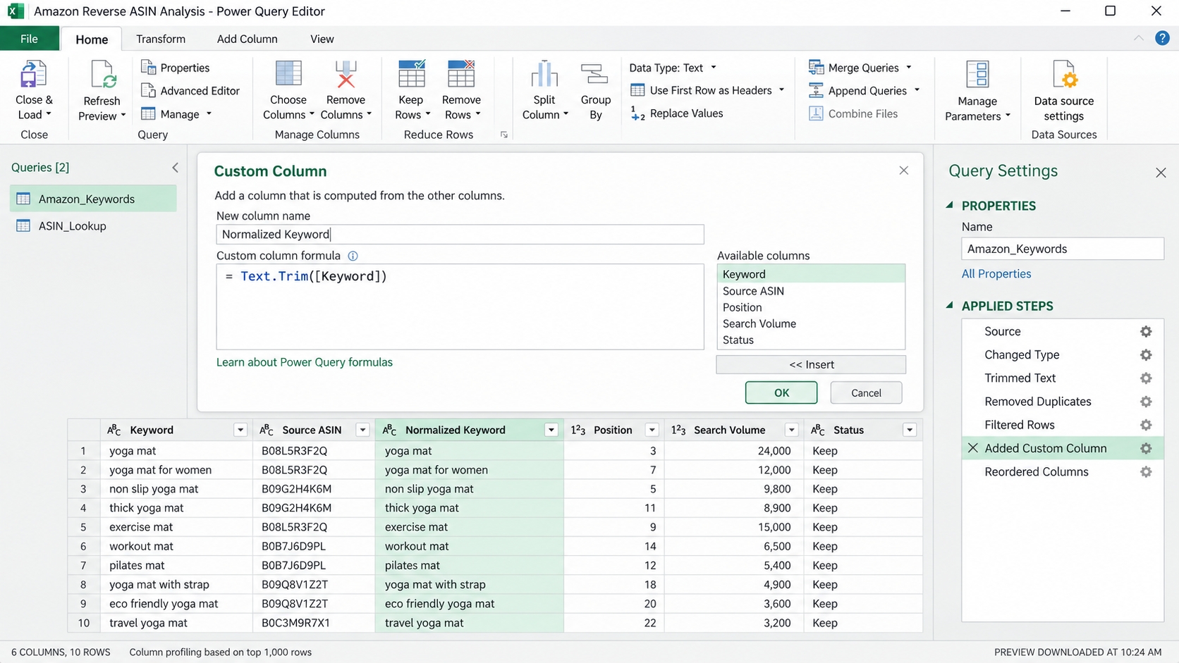 Power Query cleaning Amazon reverse ASIN exports with repeatable steps in Excel