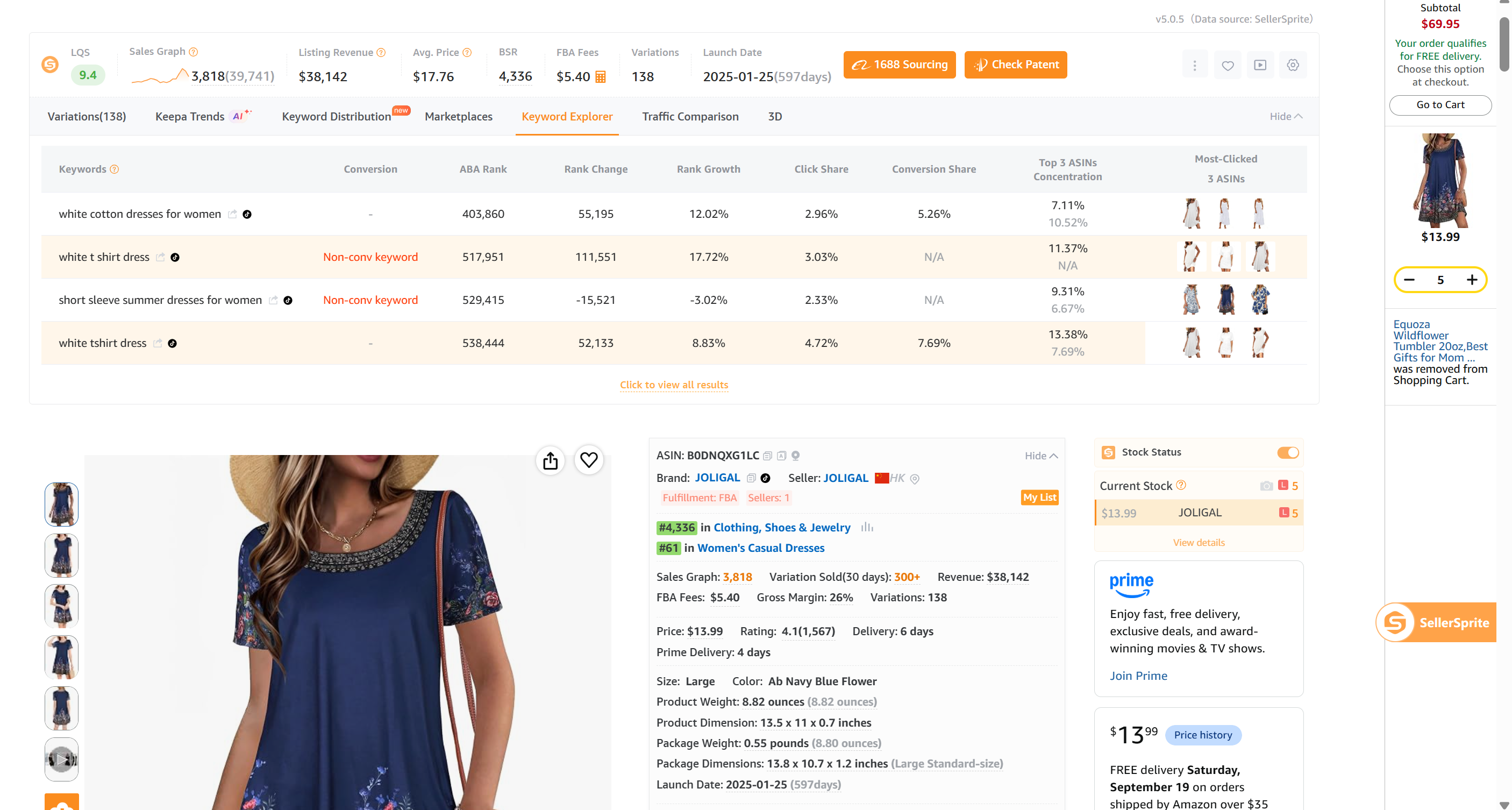 A screenshot of SellerSprite Chrome extension side panel open on an Amazon US product detail page, showing keyword lists, search volume, real-time rankings.