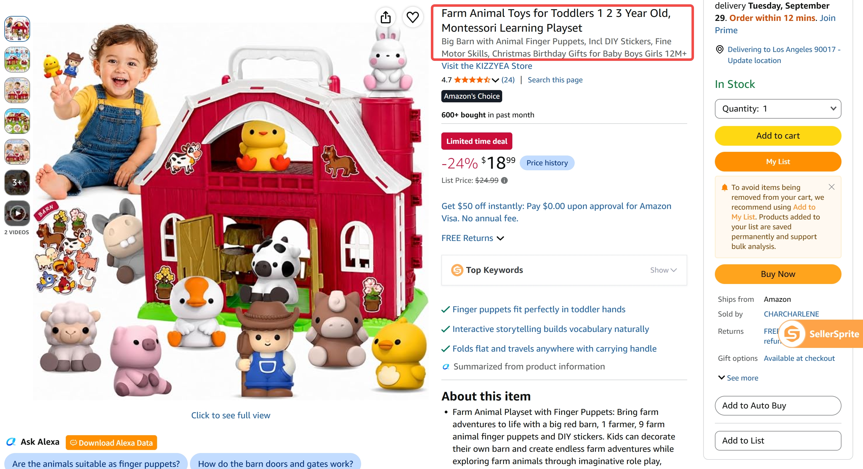 Screenshot showing an Amazon product detail page with highlighted product title fields and item highlights.