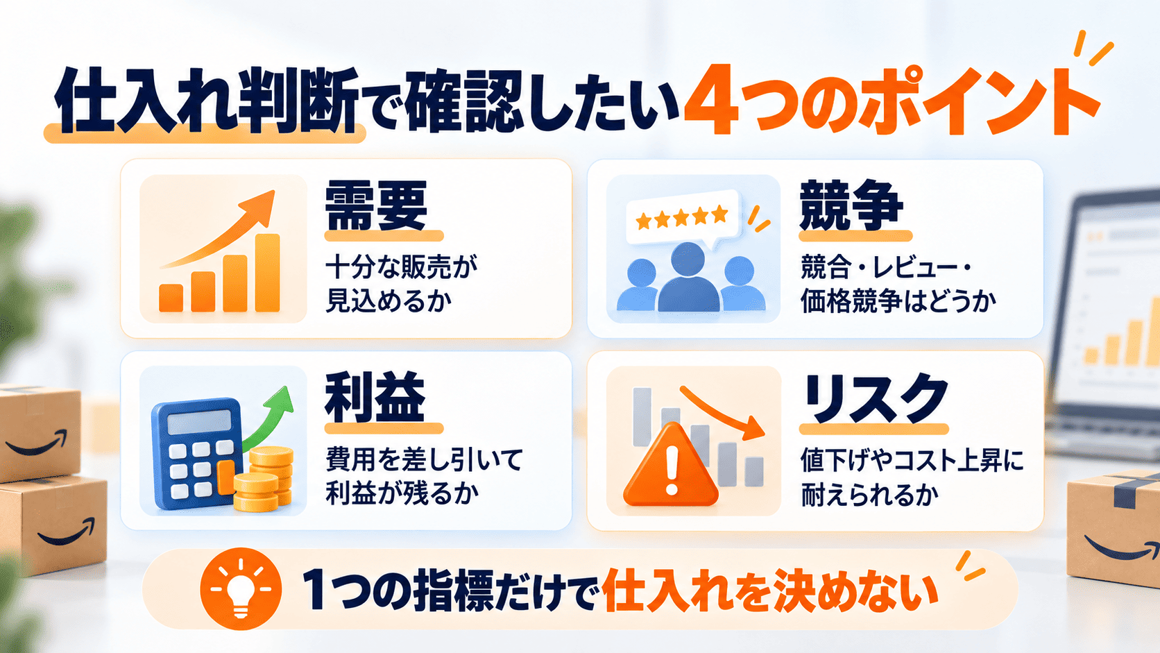 Amazonの仕入れ判断で需要・競争・利益・リスクの4項目を確認する方法