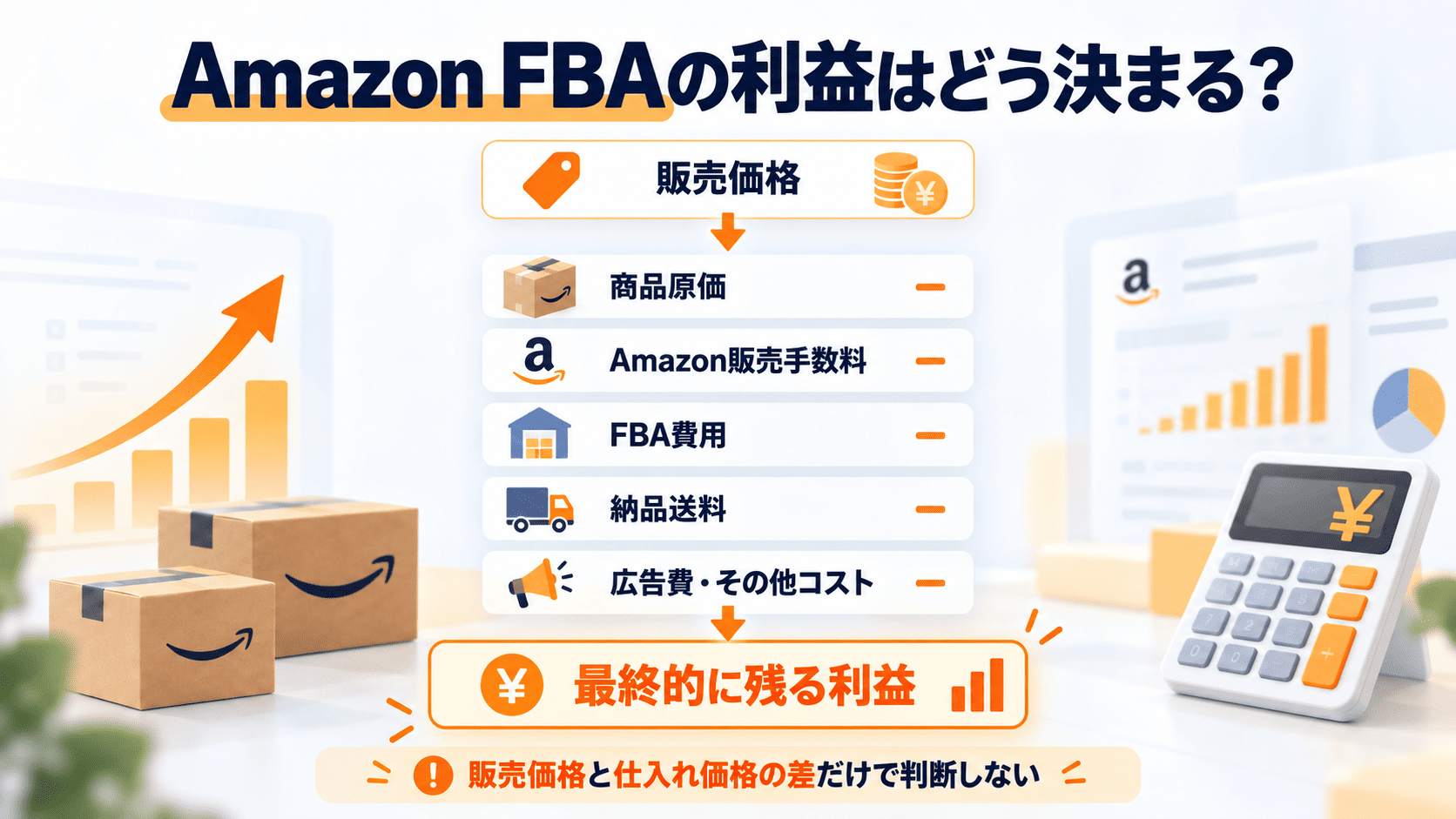 Amazon FBAの販売価格から商品原価・販売手数料・FBA費用・広告費を差し引いて利益を計算するイメージ