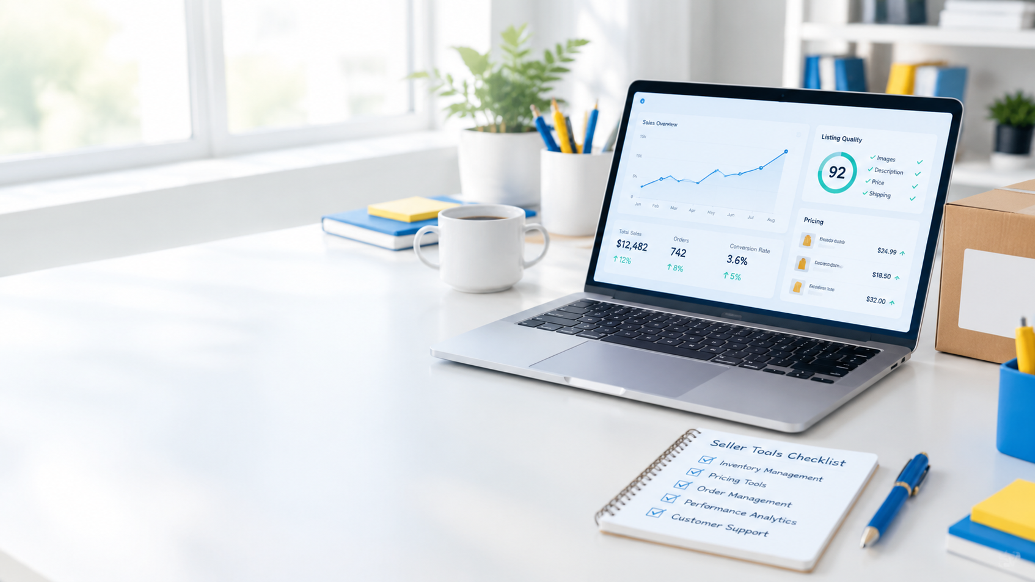 Walmart Marketplace seller reviewing a sales analytics dashboard and a checklist of seller tools on a laptop.