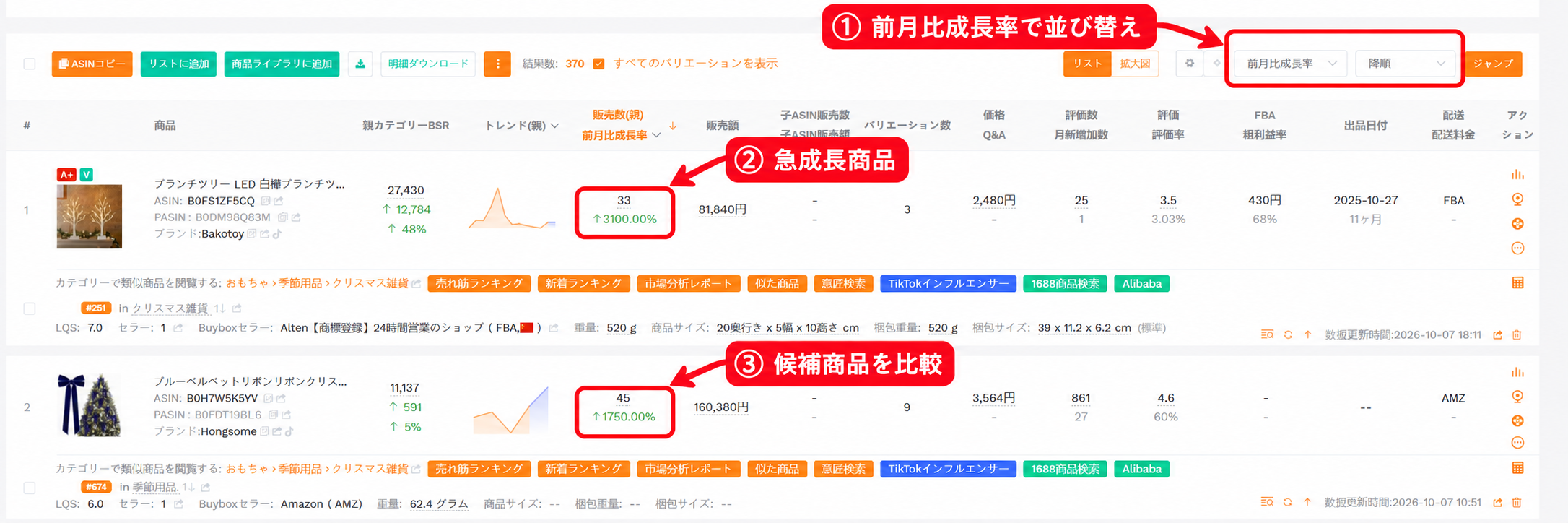 前月比成長率で商品候補を確認するSellerSpriteの商品リサーチ画面