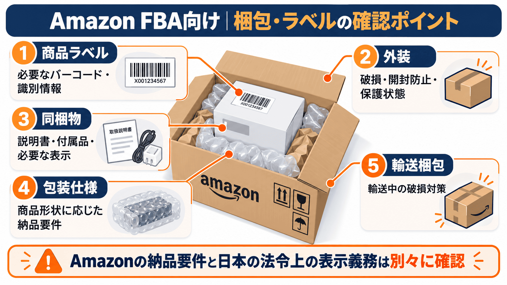 Amazon FBA向け商品のラベル、外装保護、同梱物、包装仕様、輸送梱包を確認する模式図