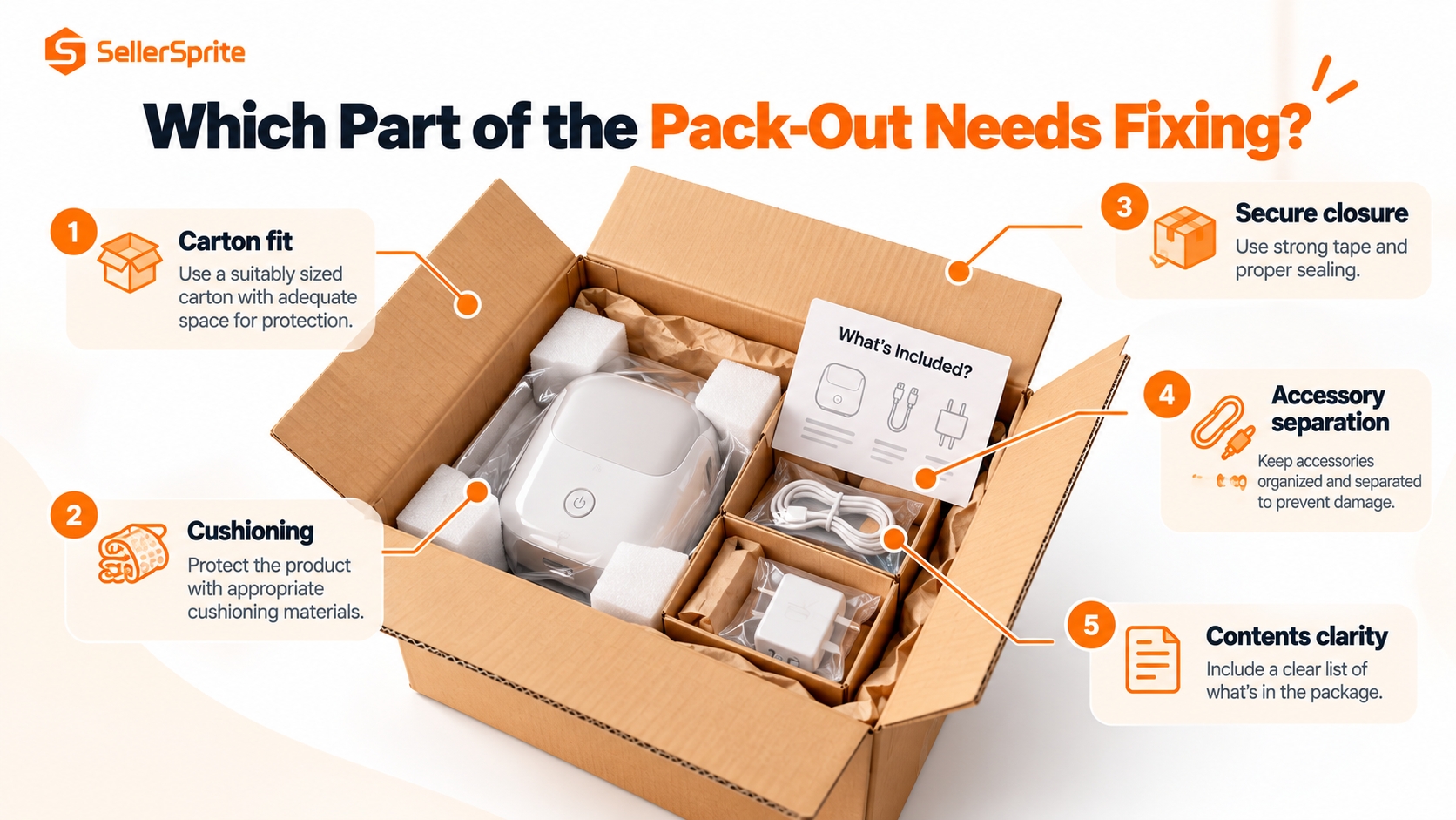 Conceptual package cutaway highlighting carton fit, cushioning, closure, separated accessories, and a clear contents guide.