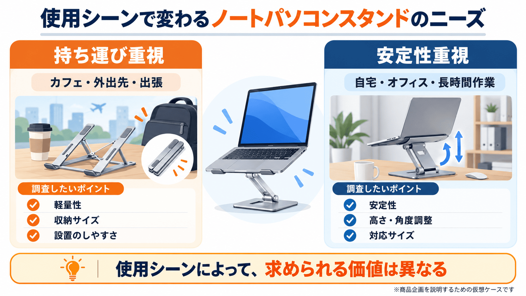 ノートパソコンスタンドの持ち運び重視と安定性重視の使用シーンを比較した仮想ケース