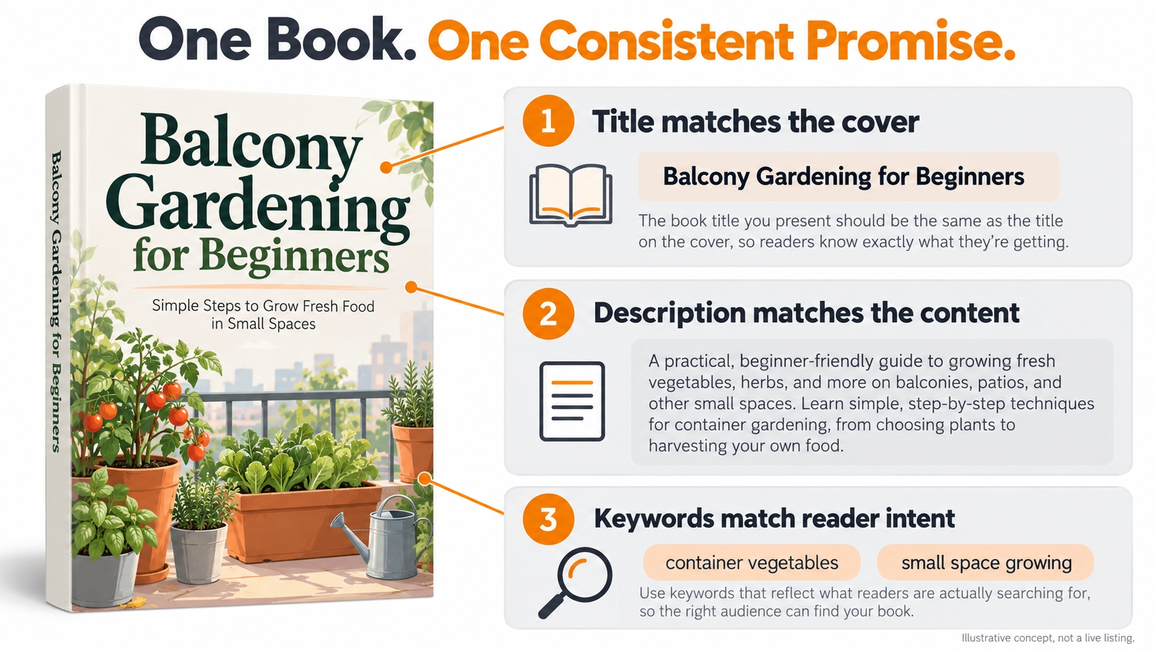 Annotated book presentation showing consistent cover and title information, a clear reader-focused description, and relevant keyword phrases.