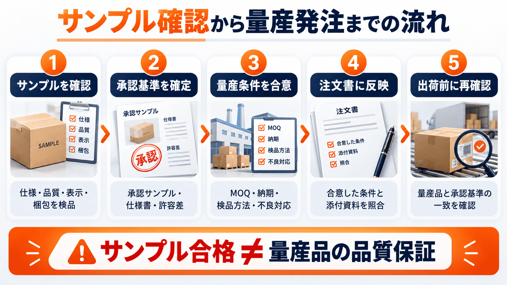 Alibabaのサンプル検品から承認基準、MOQ・納期・量産条件、注文書、出荷前確認までの流れ