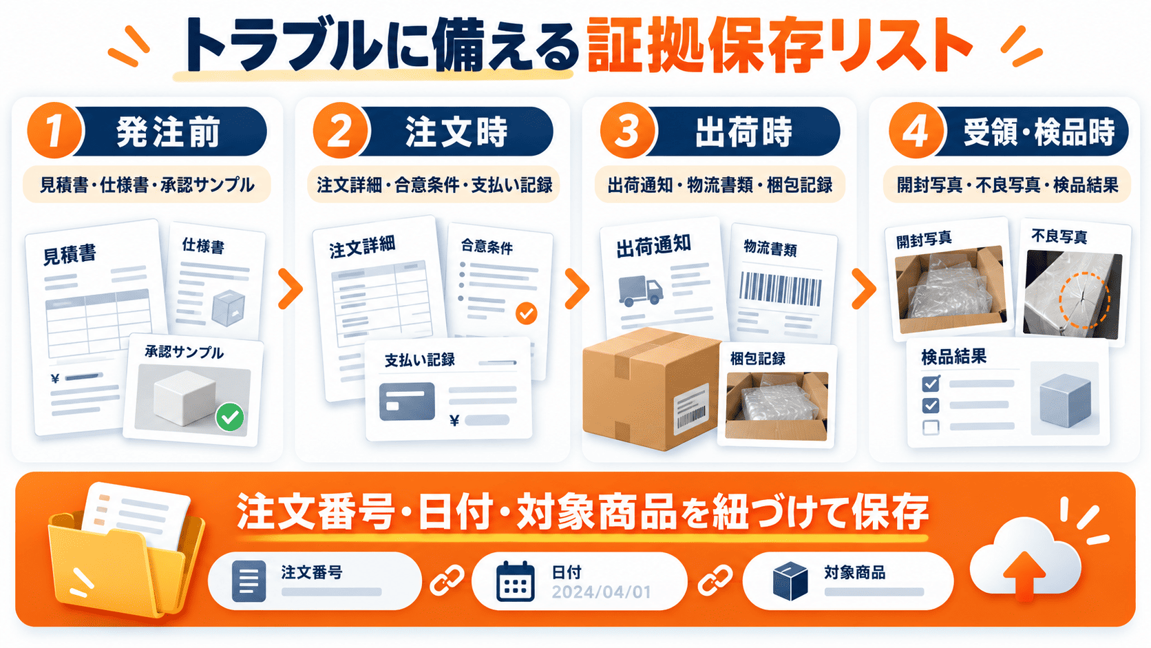 Alibaba Trade Assuranceのトラブルに備え、発注前、注文時、出荷時、受領検品時に保存する証拠資料の一覧