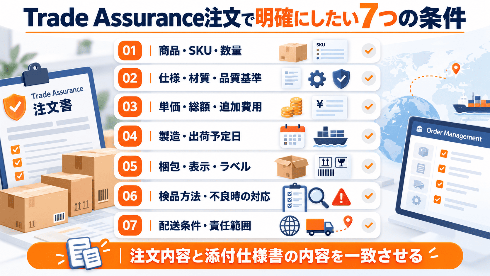 Alibaba Trade Assuranceの初回注文に明記する商品数量、仕様、価格、納期、梱包、検品、配送条件の7項目