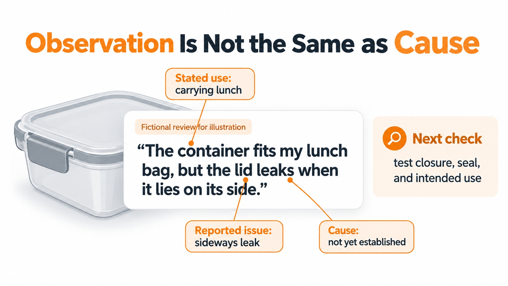 Annotated hypothetical review separating the stated use case, reported lid leak, possible causes, and a testable next action.