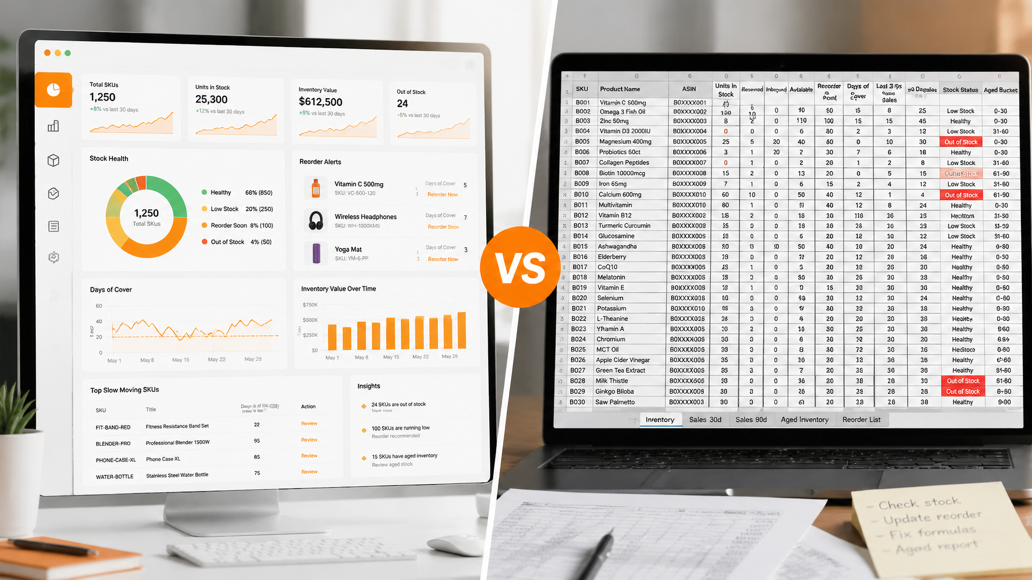  Amazon inventory management software dashboard compared with a manual seller spreadsheet