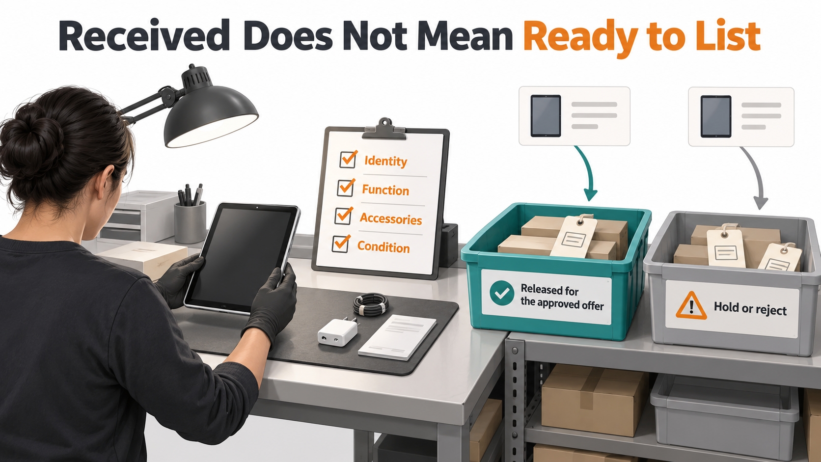 Conceptual receiving bench with separate areas for inspection, eligible sellable stock, and held or rejected units, each linked to an item record.