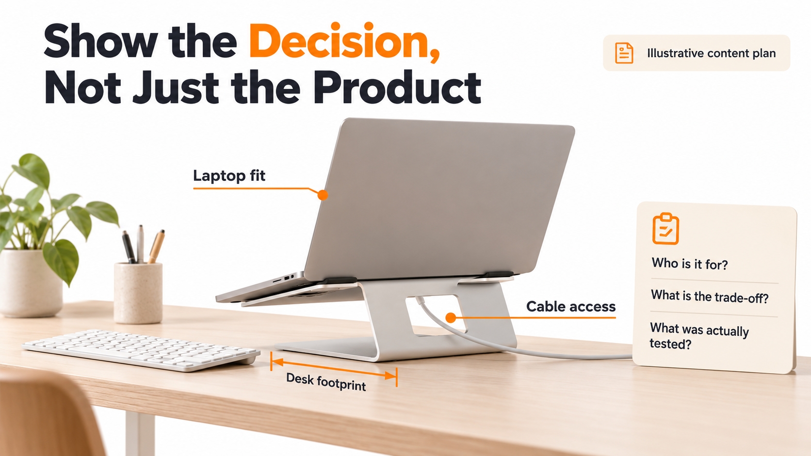 Conceptual laptop-stand demonstration highlights desk footprint, laptop fit, and cable access as evidence for a buyer-focused recommendation.