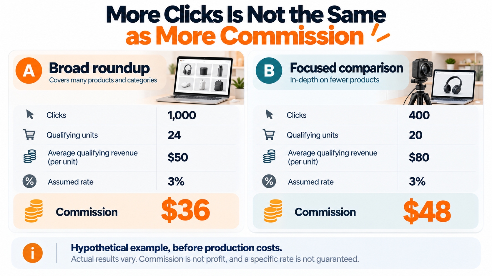 Hypothetical affiliate comparison shows 1,000 clicks earning $36 and 400 clicks earning $48 under different qualifying purchase assumptions.