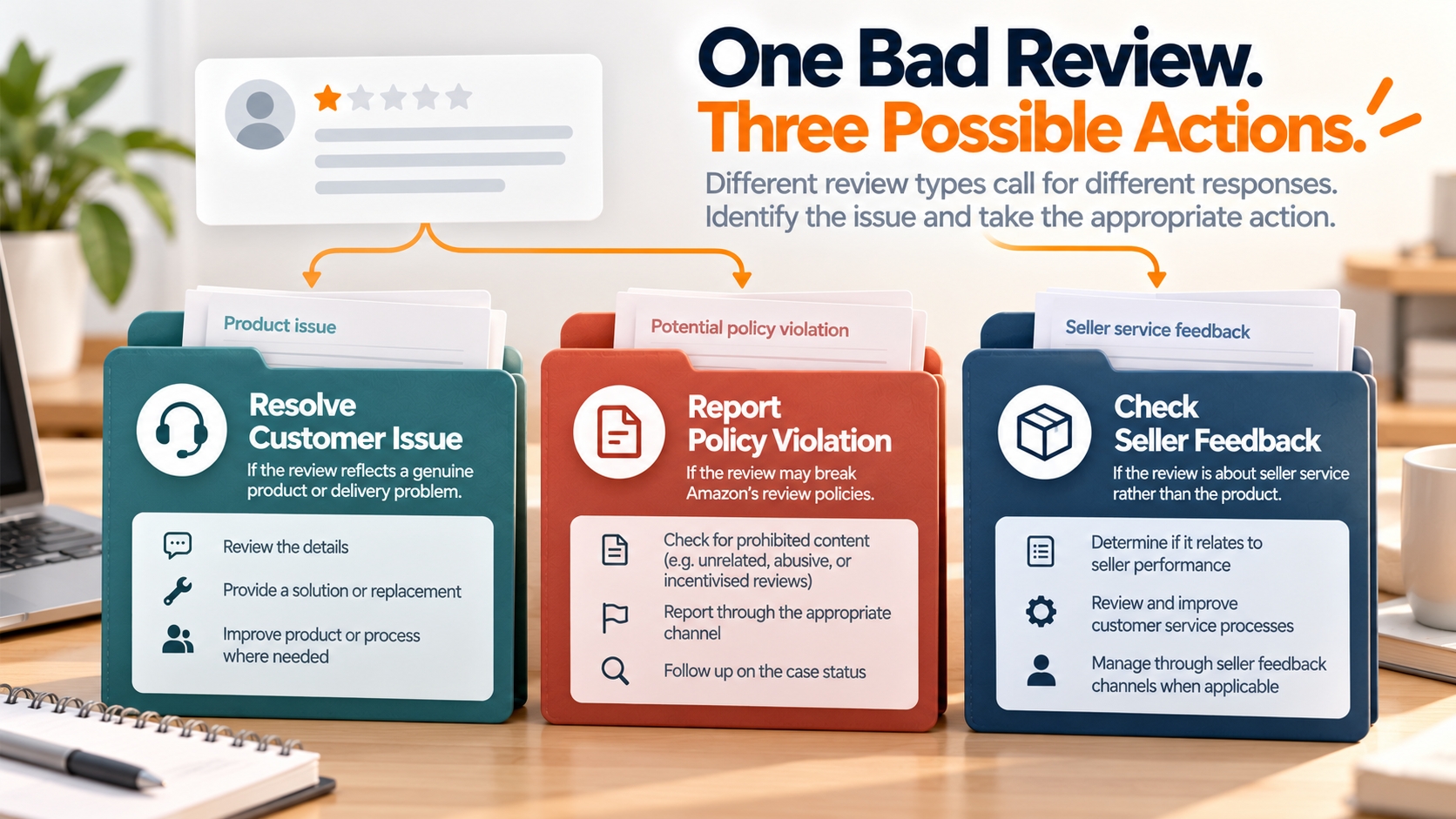Editorial decision desk separating genuine product complaints, potentially prohibited review content, and seller-service feedback into distinct handling paths.