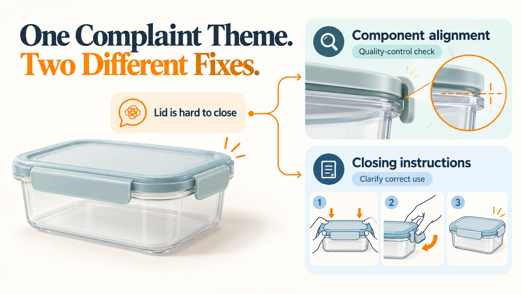 Conceptual review-analysis case study showing how recurring food-container lid complaints can lead to separate product-quality and instruction improvements.