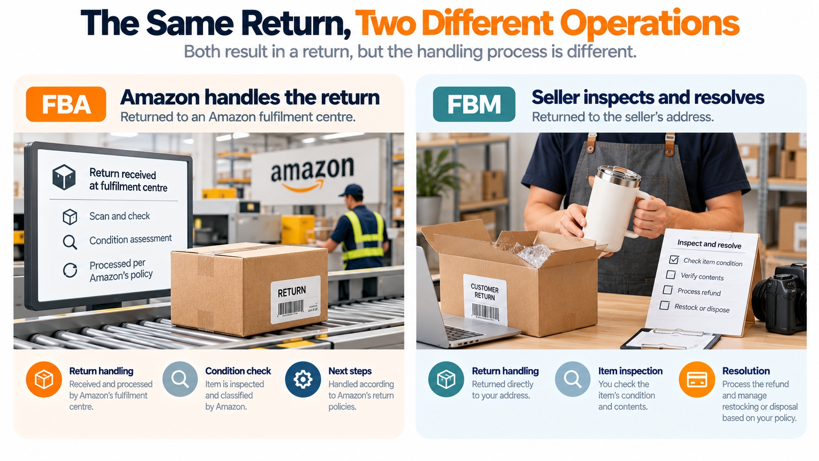 Side-by-side illustration of an Amazon-fulfilled return handled by a fulfilment centre and a seller-fulfilled return inspected by the merchant.
