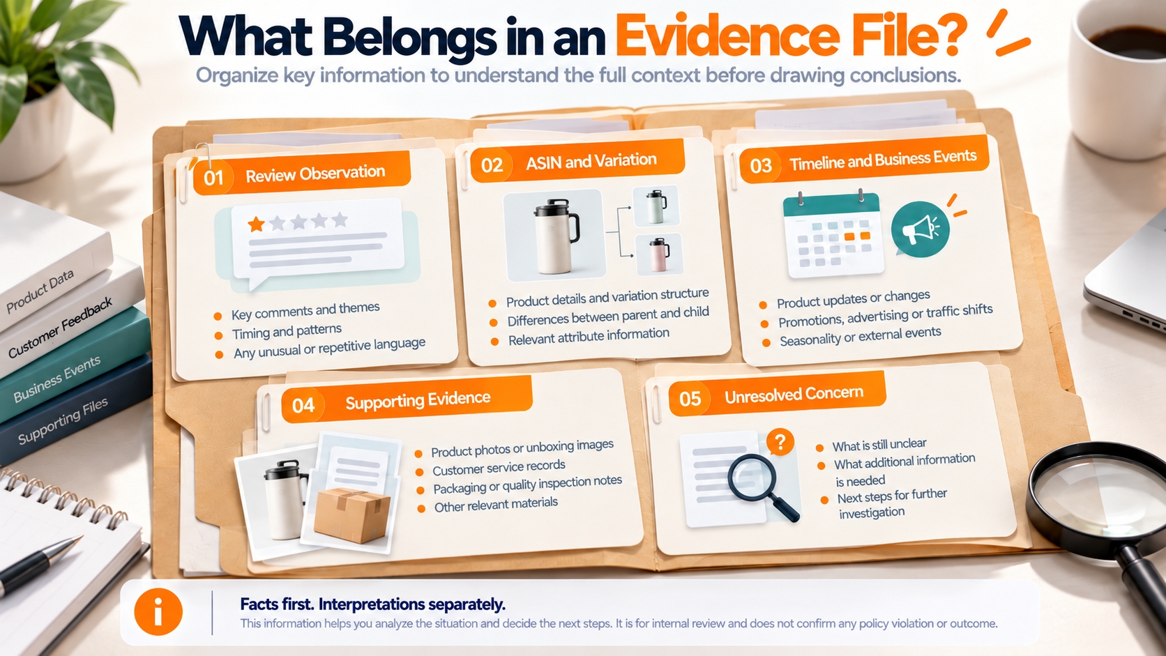 Conceptual investigation file containing review observations, product and variation records, business-event context, supporting evidence and an unresolved concern summary.